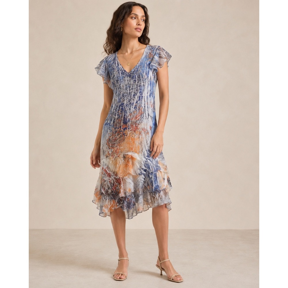Reba Blue Orange Paisley Rhinestone Sheer Flutter Sleeve Ruffle Hem Dress L
